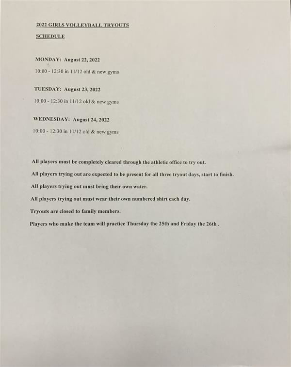 Tryout Schedule 2022